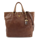 PRADA Logo Leather 2way Shoulder Bag Tote Bag Gold HDW Brown  d