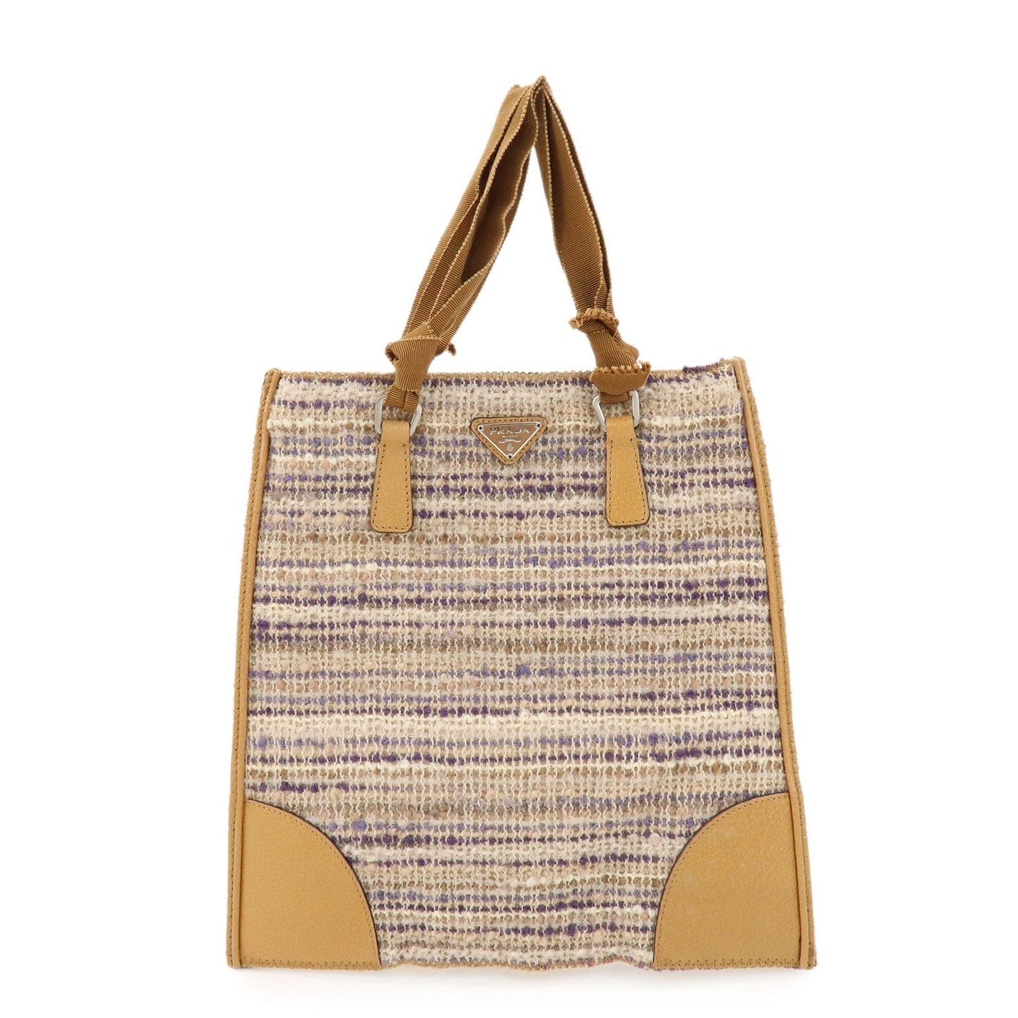 PRADA Triangle Logo Tweed Leather Hand Bag Light Brown Multicolor
