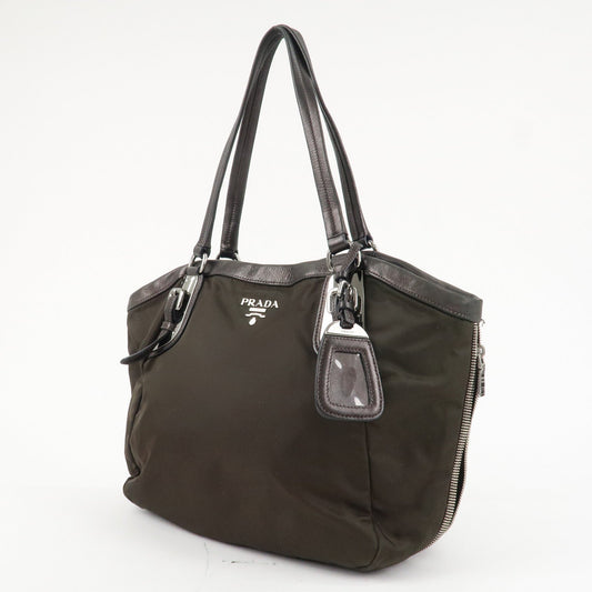 PRADA Logo Nylon Leather Tote Bag Shoulder Bag Khaki Metallic Brown  d
