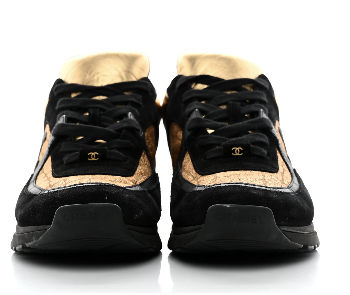 Chanel Black/Gold Suede and Leather CC Low Top Sneakers - FULL SET