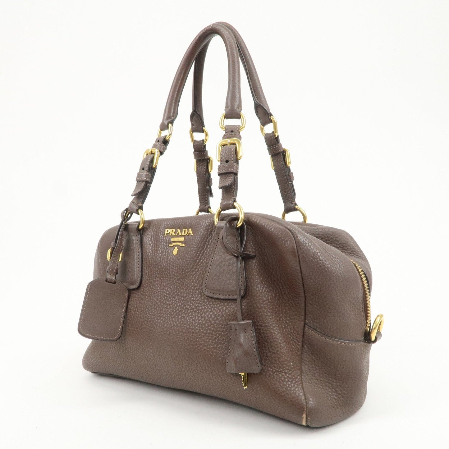 PRADA Logo Leather Shoulder Bag Boston Bag Hand Bag Brown B3091M