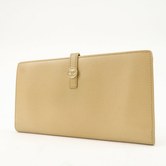 CHANEL COCO Button Leather Double Hook Long Wallet Beige A20905