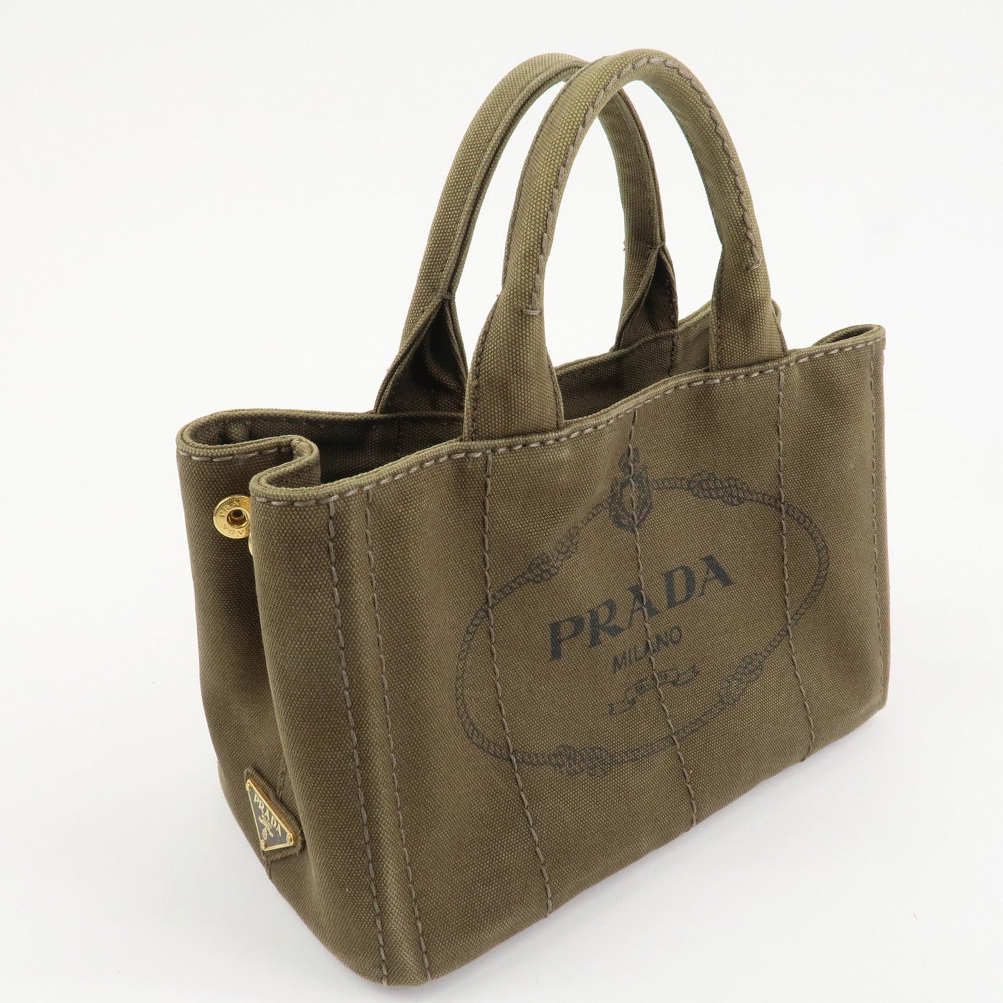 PRADA Logo Canapa Mini Canvas Tote Bag Hand Bag Khaki BN2439  d