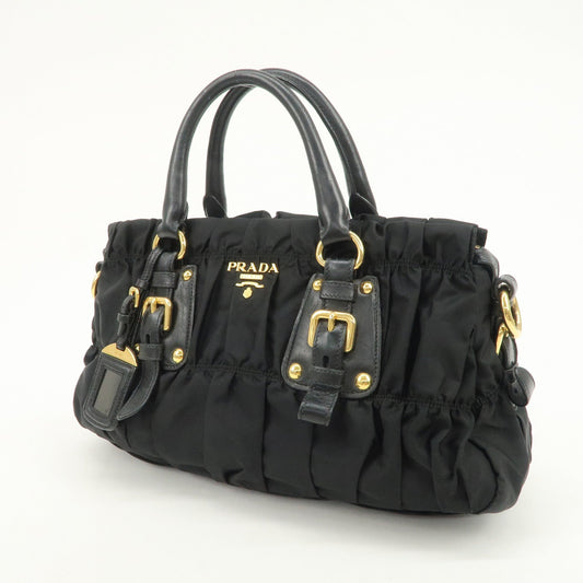 PRADA Nylon Leather Gathered 2Way Hand Shoulder Bag Black BN1407