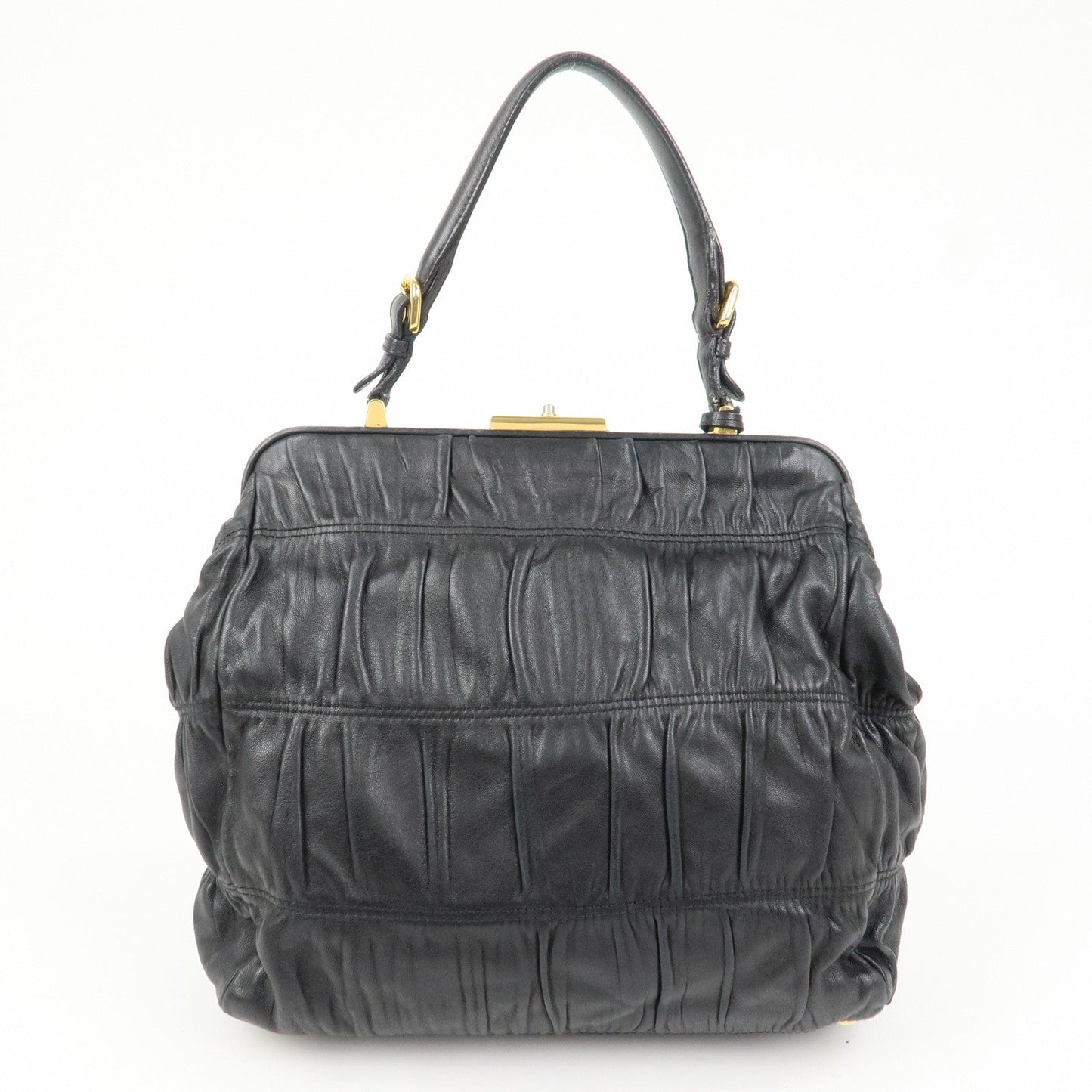 PRADA Logo Nappa Leather Gathered Shoulder Bag Hand Bag Black