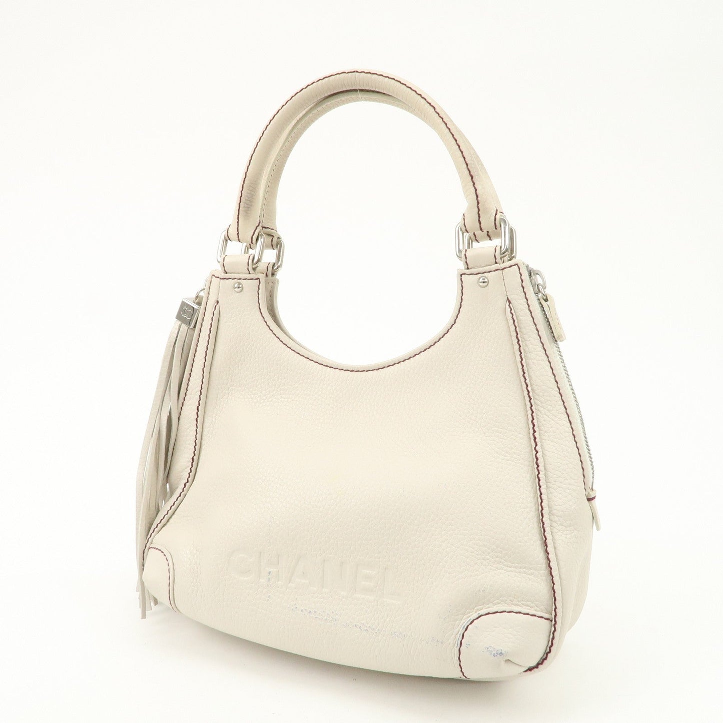 CHANEL Logo Calf Leather Fringe Tassel Shoulder Bag Hand Bag White A23055  d
