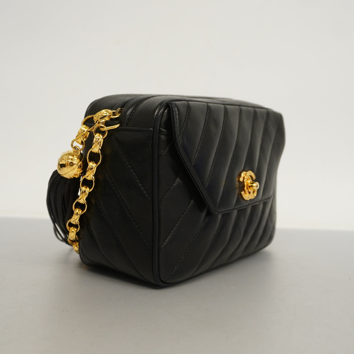 Chanel Fringe Shoulder Bag Chain Lambskin Black Gold
