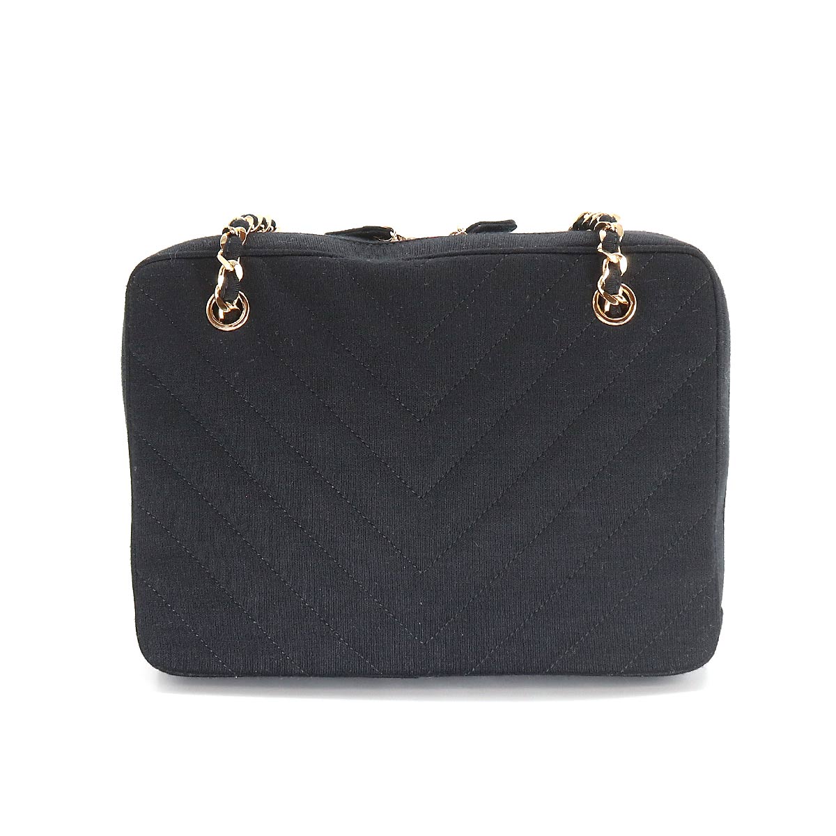 Chanel Chevron V-stitch Chain Hand Bag Jersey Black Gold Hardware
