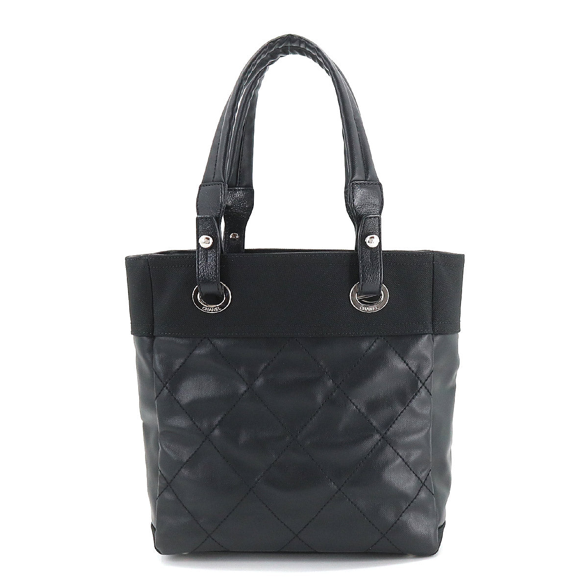 Chanel Paris Biarritz PM Tote Bag Pvc Nylon Leather Black