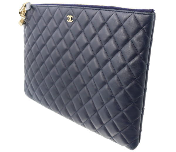 Chanel Matelasse Clutch Bag Lambskin Navy Gold Hardware
