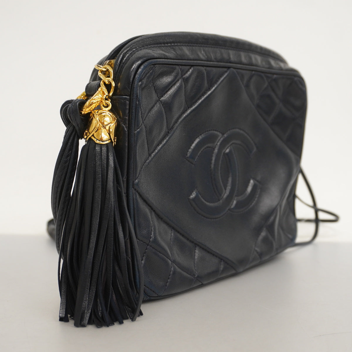 Chanel Shoulder Bag Matelasse Fringe Lambskin Navy