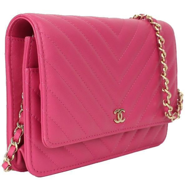 Chanel Chain Wallet Shoulder Bag V Stitch Pink