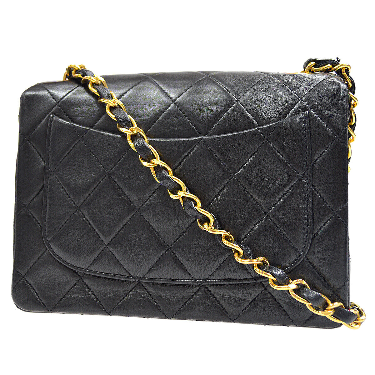 Chanel Classic Flap Mini Square Chain Shoulder Bag Black Lambskin