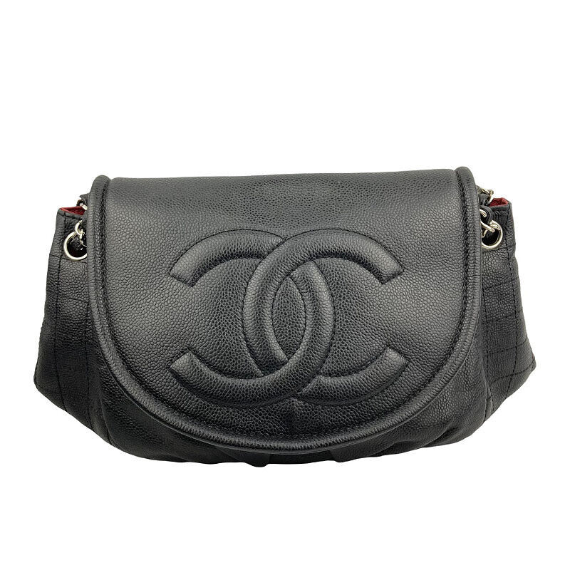 Chanel Half Moon Chain Shoulder Bag Black Silver Hardware Caviar Skin