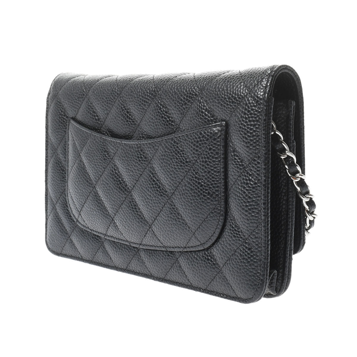 Chanel Matelasse Chain Wallet Black Silver Hardware Grained Calfskin Shoulder Bag