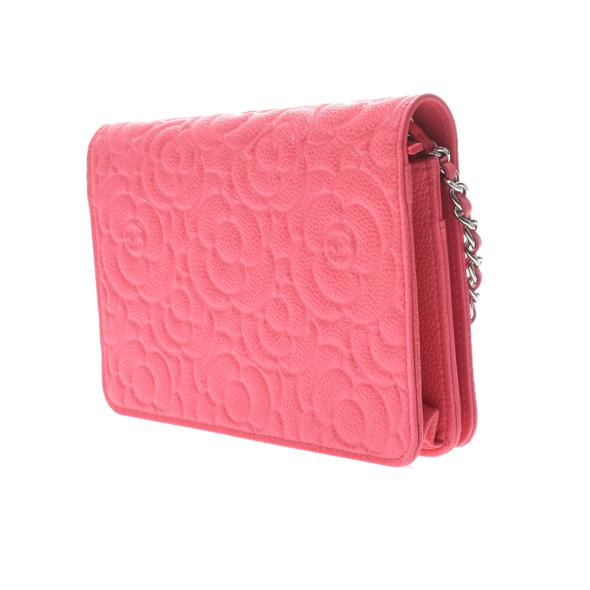 Chanel Camellia Chain Wallet Pink Silver Hardware Grained Calfskin Shoulder Bag
