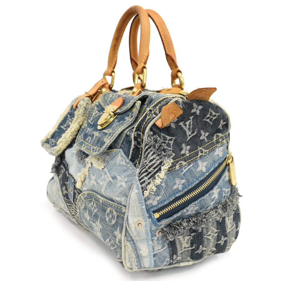 Louis Vuitton Speedy 30 Handbag Monogram Denim Patchwork Blue