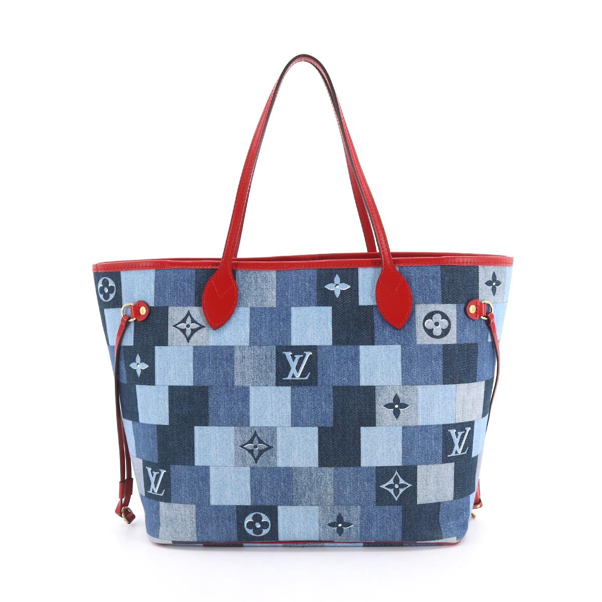 Louis Vuitton Denim Monogram Neverfull MM Tote Bag Blue Red