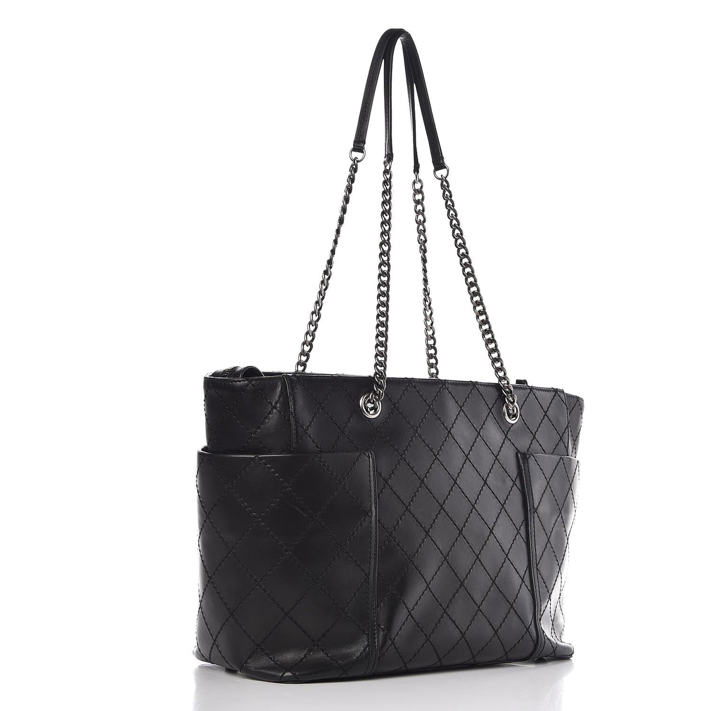 Lambskin Stitched Shopping Tote Black