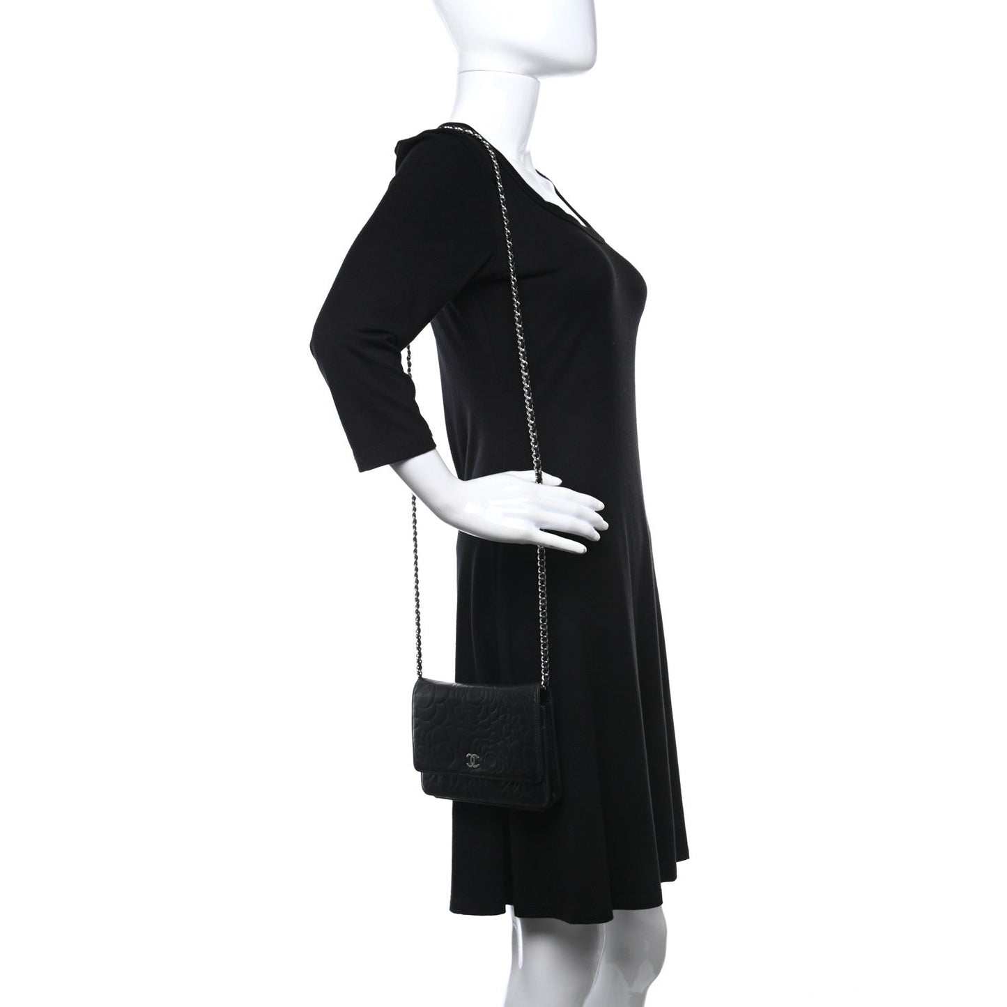 Lambskin Camellia Embossed Wallet on Chain WOC Black
