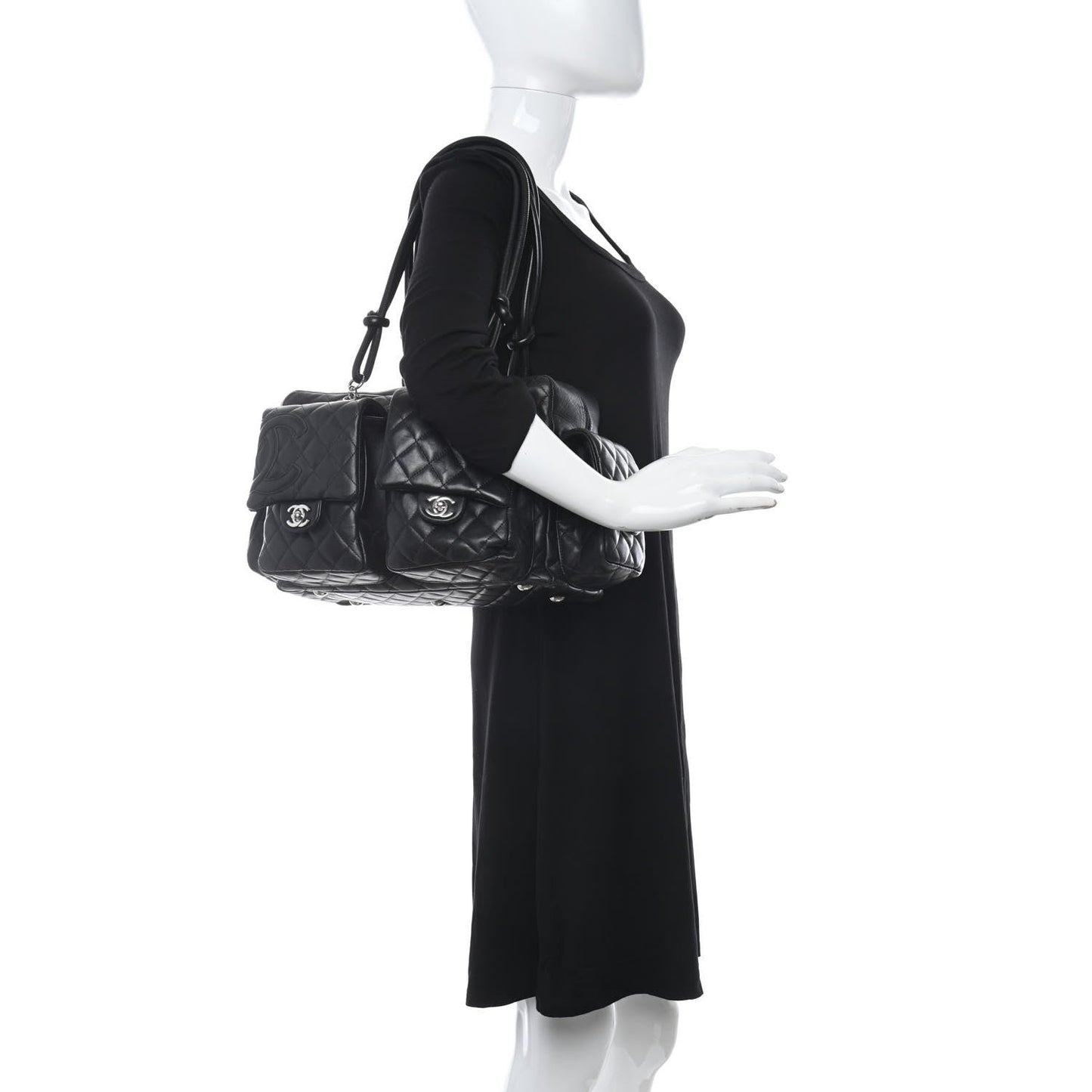 Calfskin Quilted Large Cambon Multipocket Reporter Black