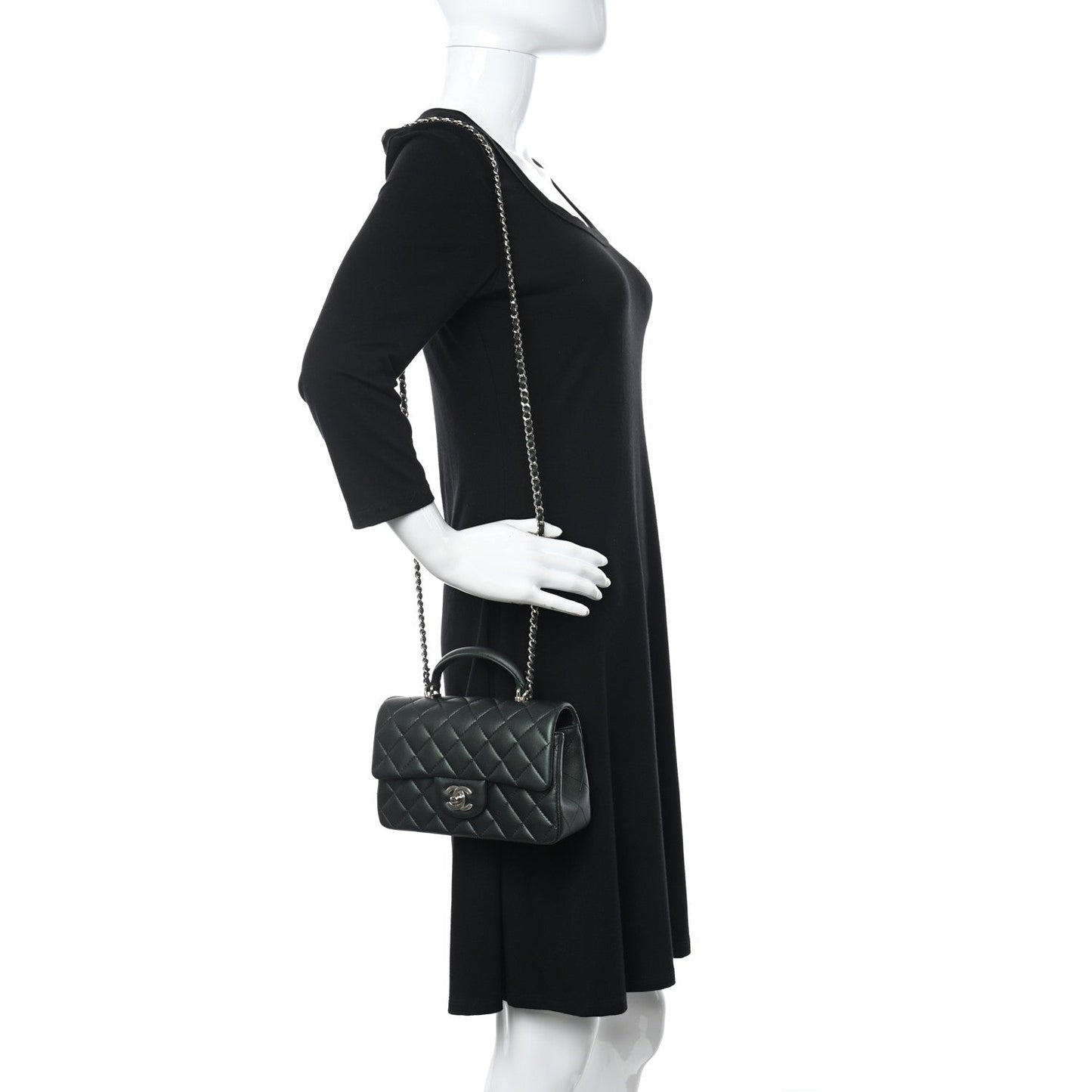 Chanel Iridescent Lambskin Quilted Mini Top Handle Rectangular Flap Dark Green