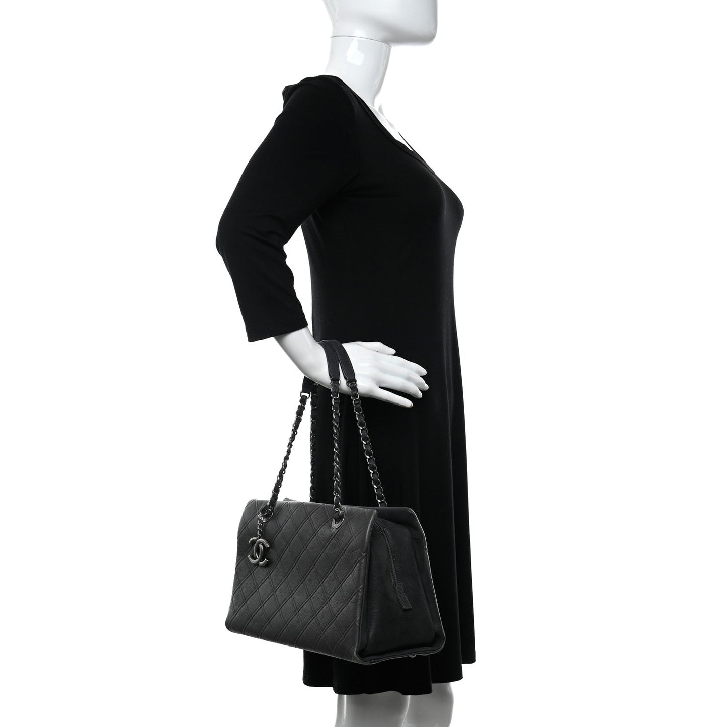 Calfskin Diamond Embossed Large CC Zip Shopping Tote Grey