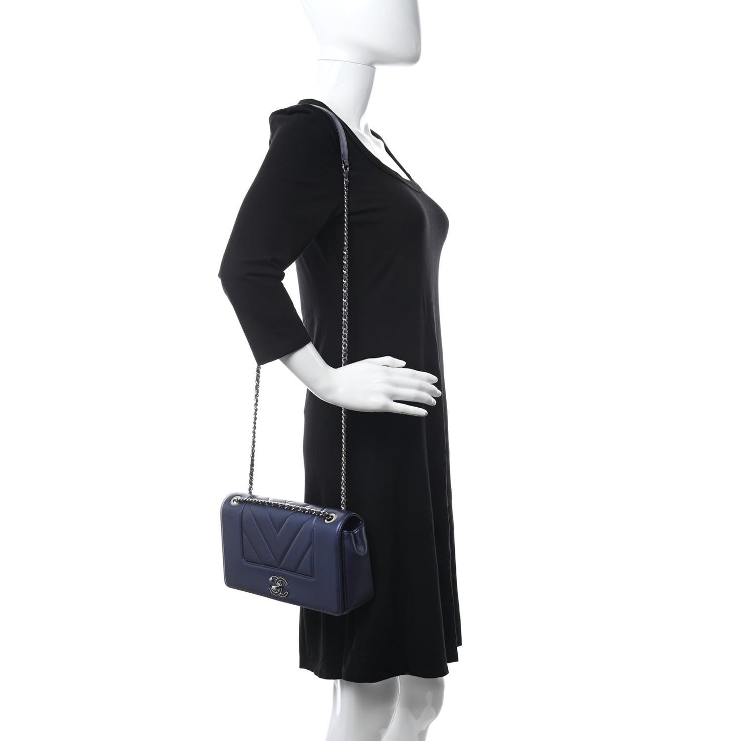 Chanel Metallic Sheepskin Chevron Quilted Medium   Mademoiselle Flap Navy
