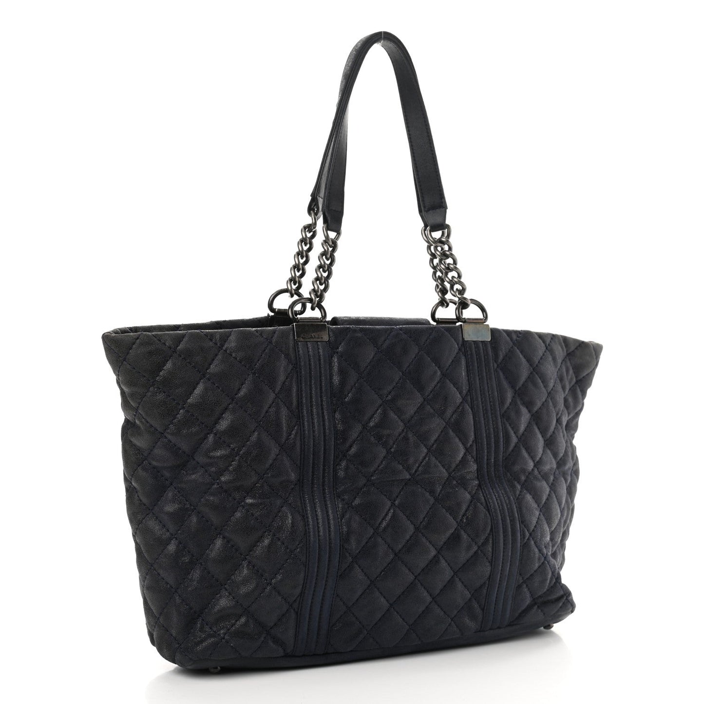 Iridescent Calfskin Quilted Large Gentle Boy Shopping Tote Navy