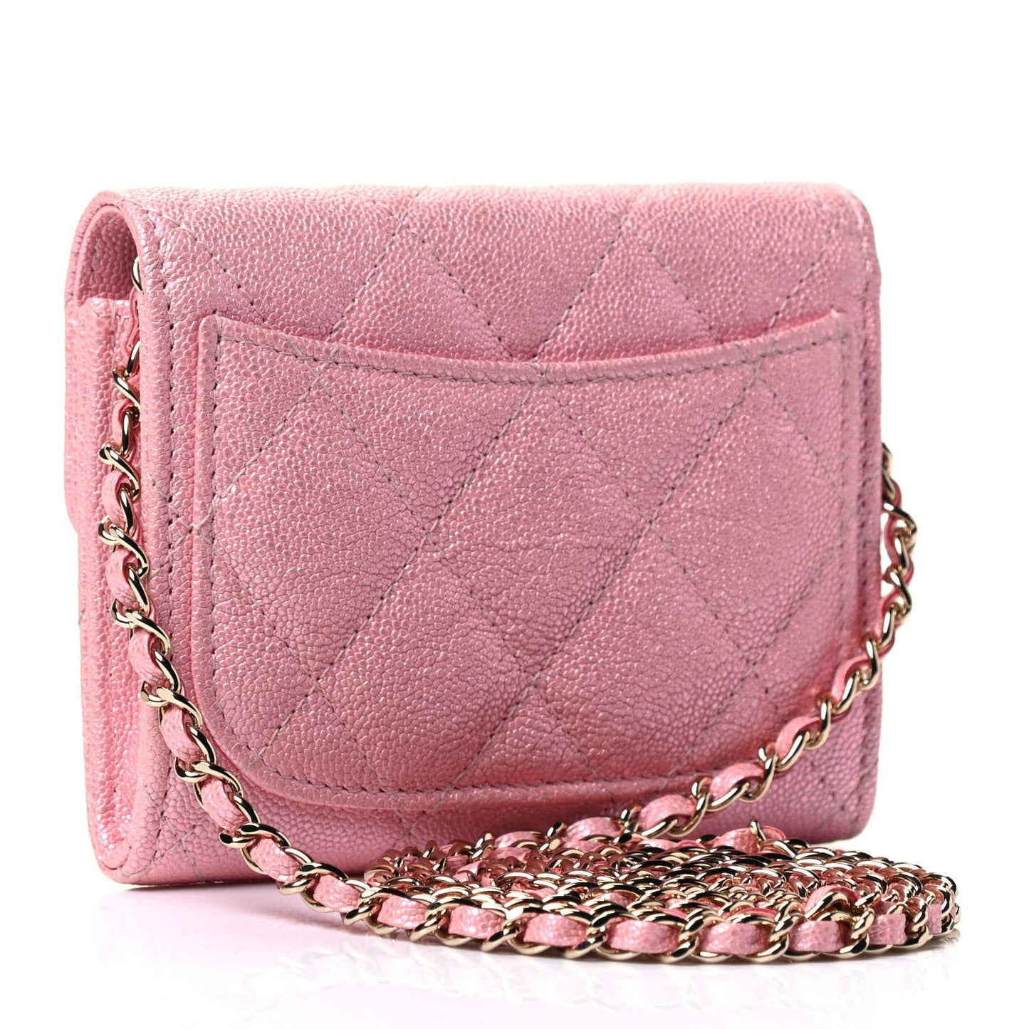 Iridescent Caviar Quilted Flap Card Holder On Chain Pink
