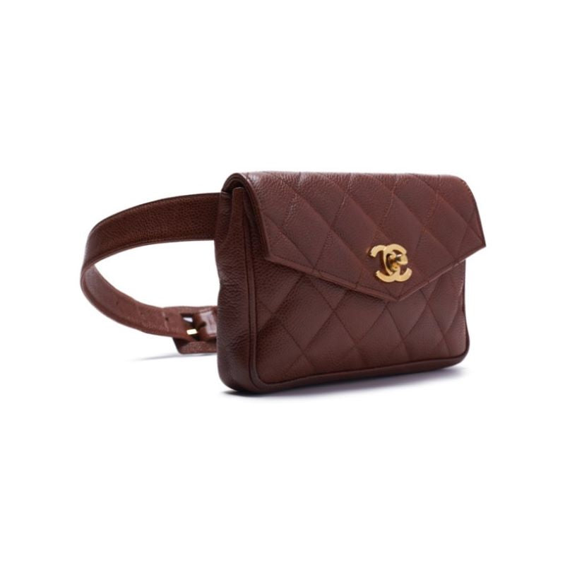 Chanel Mini Matelasse V Flap Waist Pouch Caviar Skin Brown