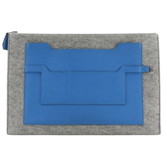 Hermes Blue Gray Felt Epsom Leather Clutch Bag ( )
