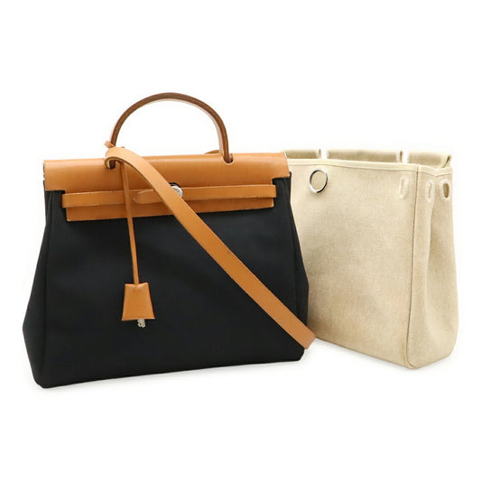 Hermes Black Light Brown Toile Officier Leather Handbag Shoulder Bag ( )