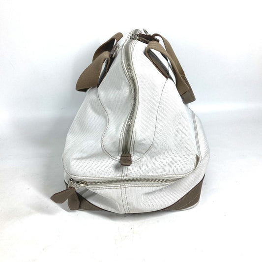 Hermes Beige Etoupe Gray White Toile Chevron Leather Boston Bag Handbag ( )