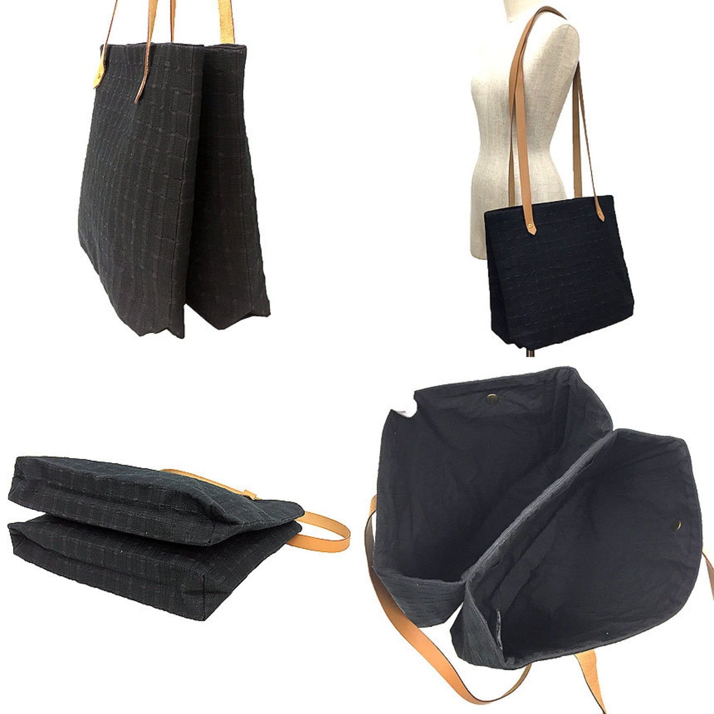 Hermes Black Canvas Leather Tote Bag ( )