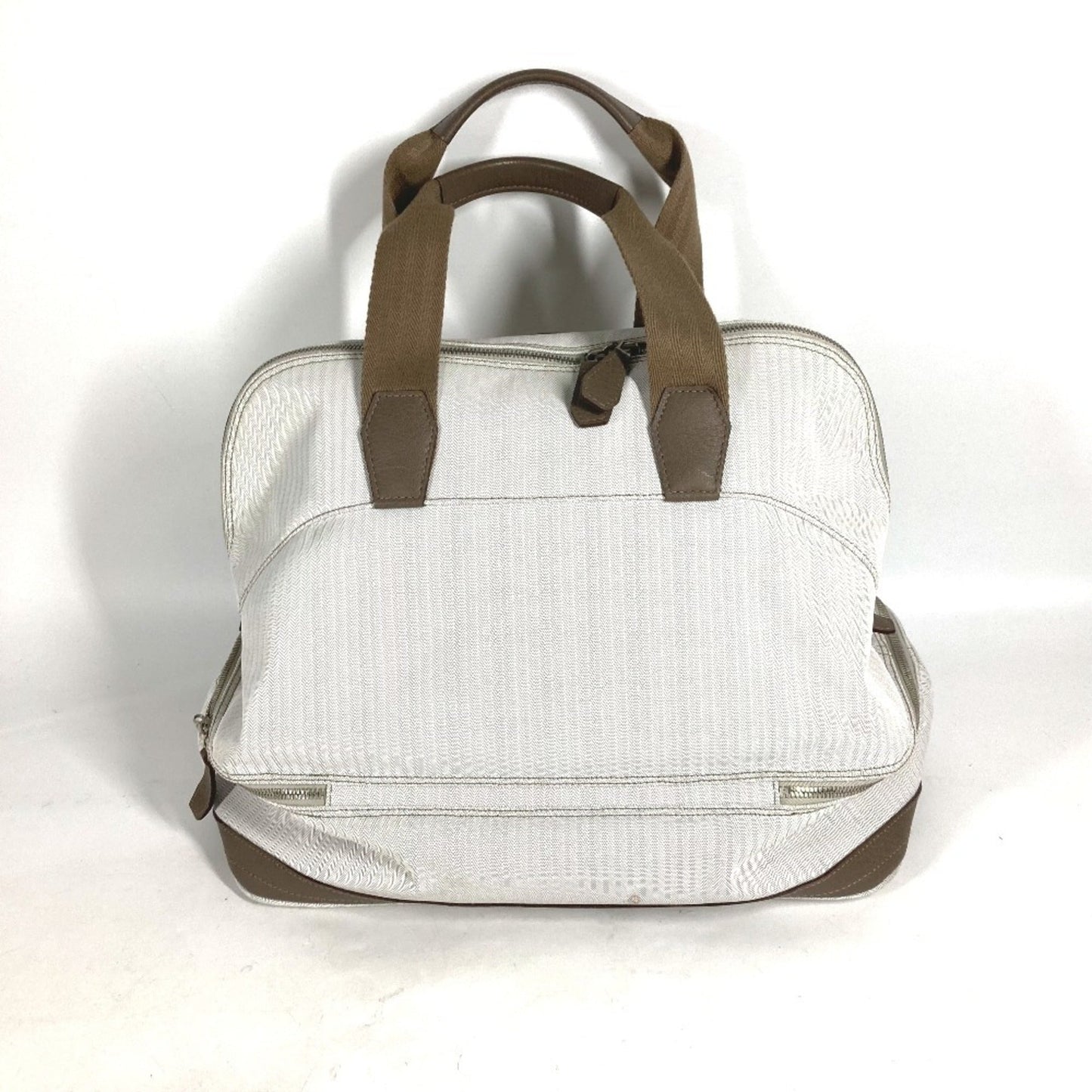 Hermes Beige Etoupe Gray White Toile Chevron Leather Boston Bag Handbag ( )