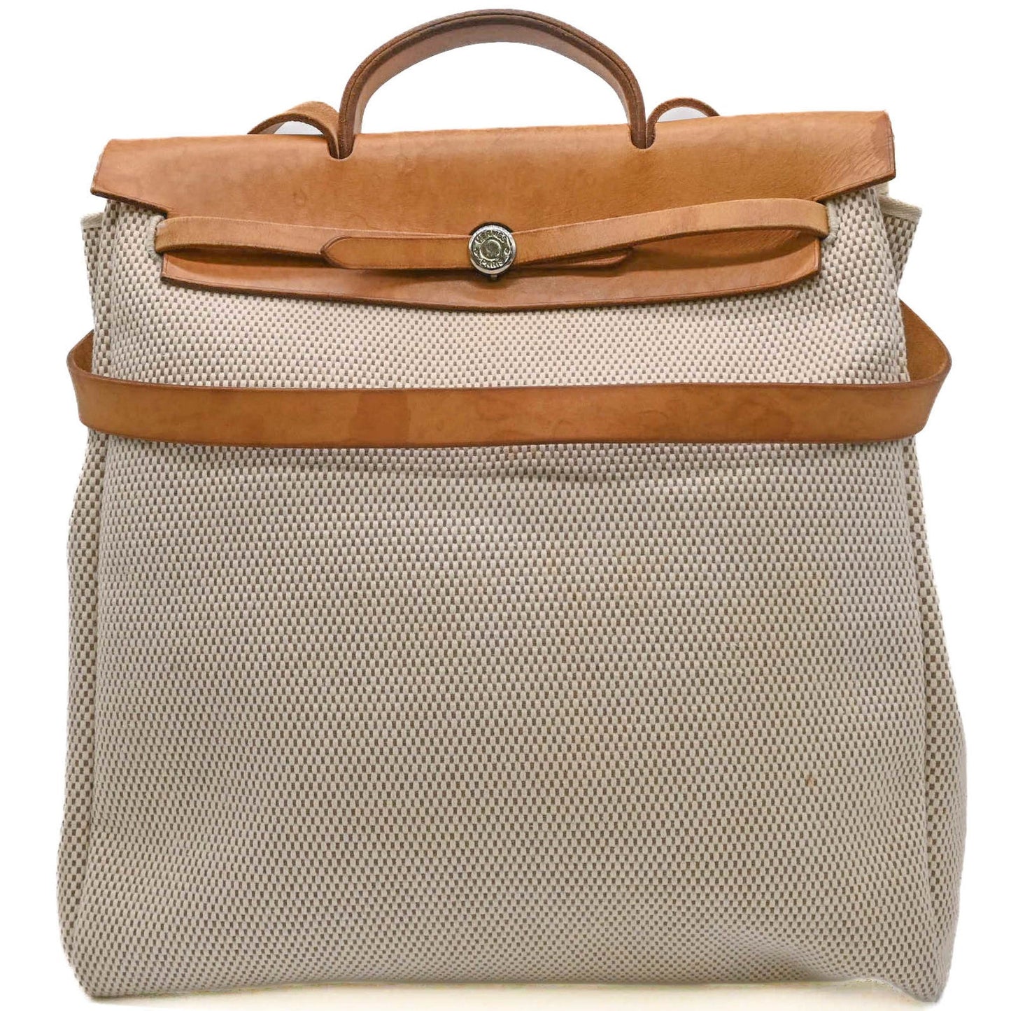 Hermes Beige Brown Canvas Leather Handbag ( )