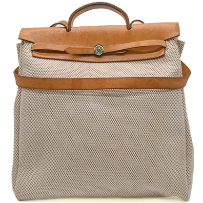 Hermes Beige Brown Canvas Leather Handbag ( )