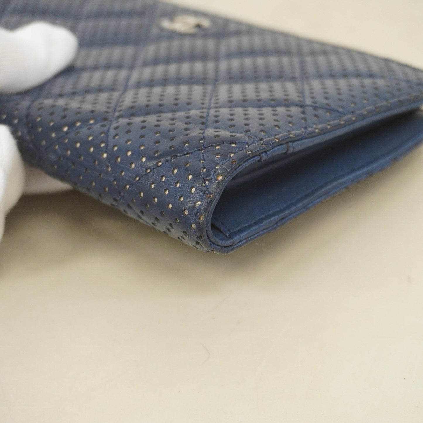 Chanel bi-fold long wallet matelasse lambskin navy silver metal