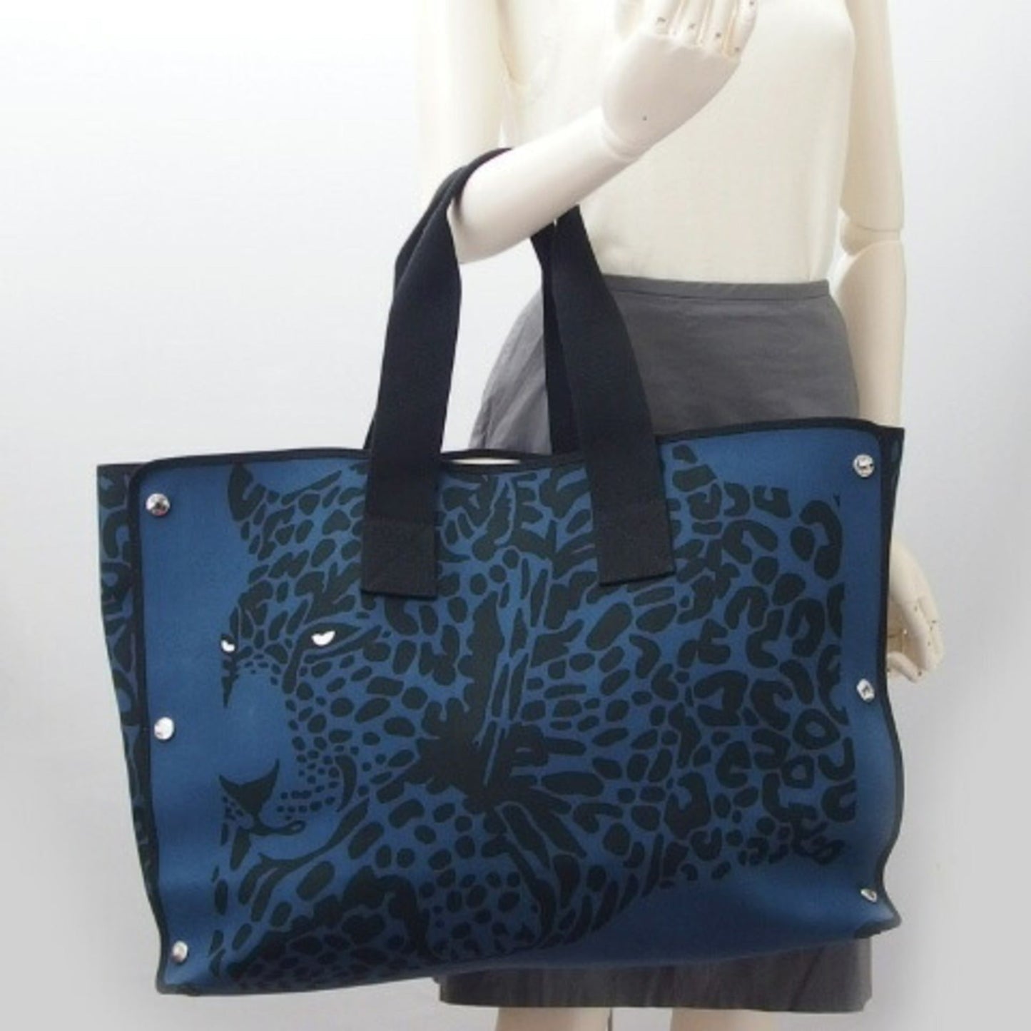 Hermes Black Blue Canvas Tote Bag ( )
