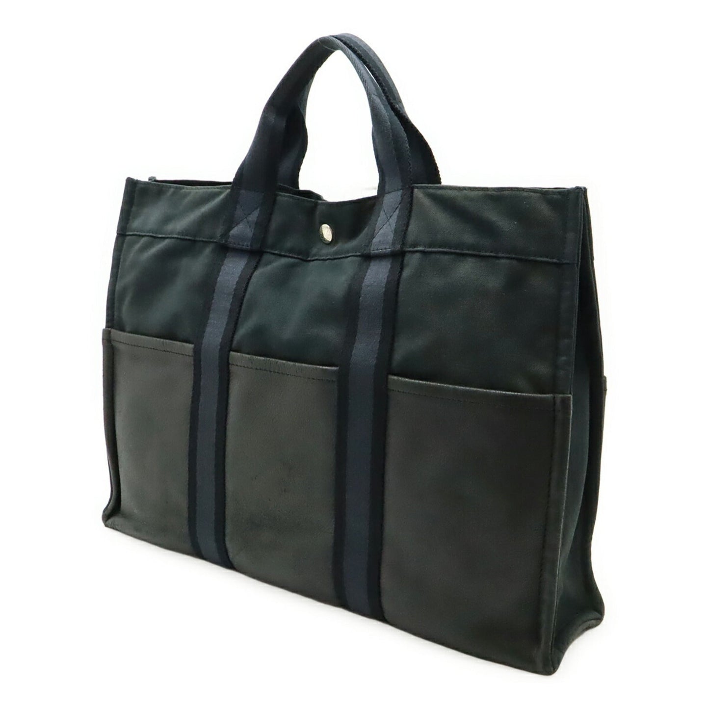 Hermes Black Canvas Leather Handbag Tote Bag ( )