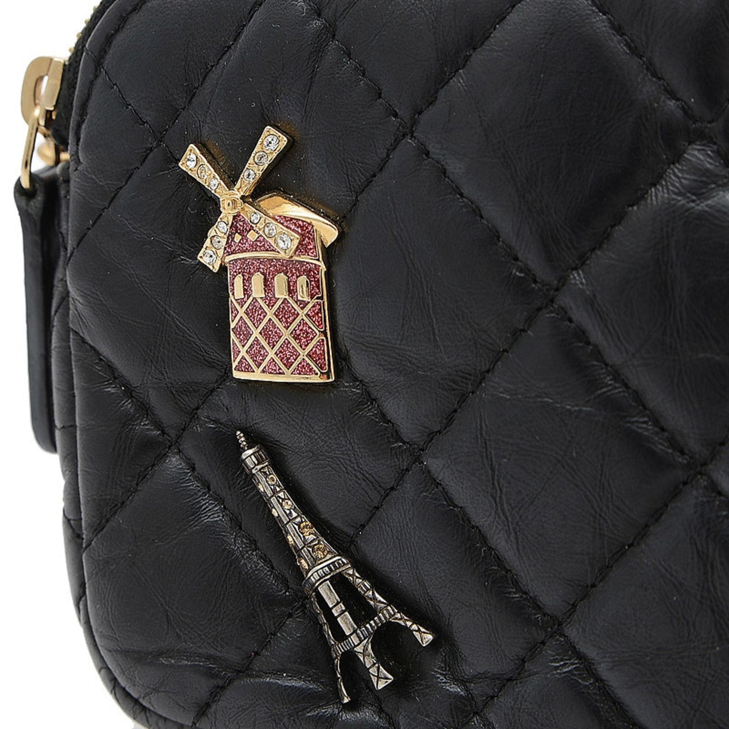 Chanel 2.55 Embroidered Chain Clutch Shoulder Bag Leather Black