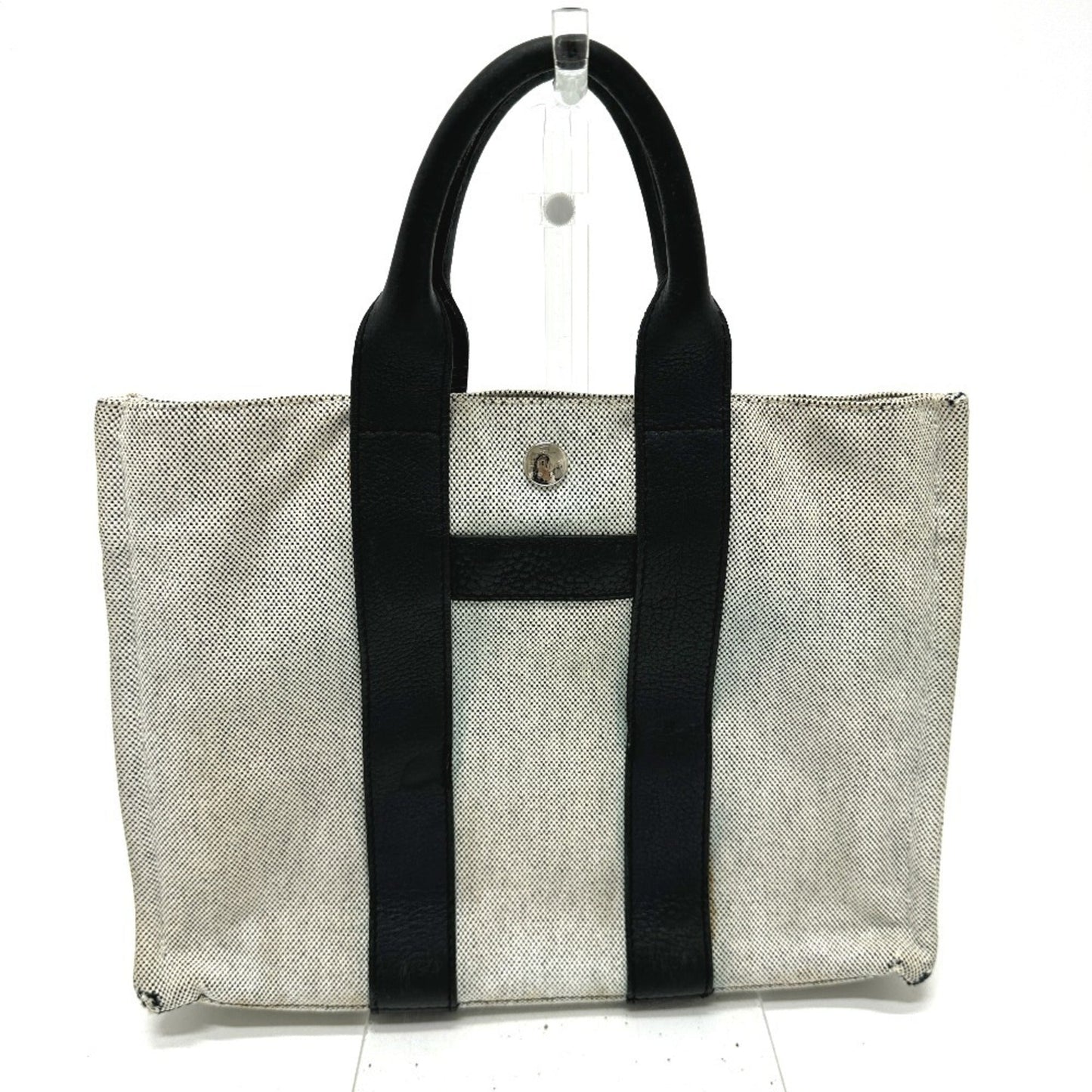 Hermes Black Gray Toile H Leather Handbag Tote Bag ( )