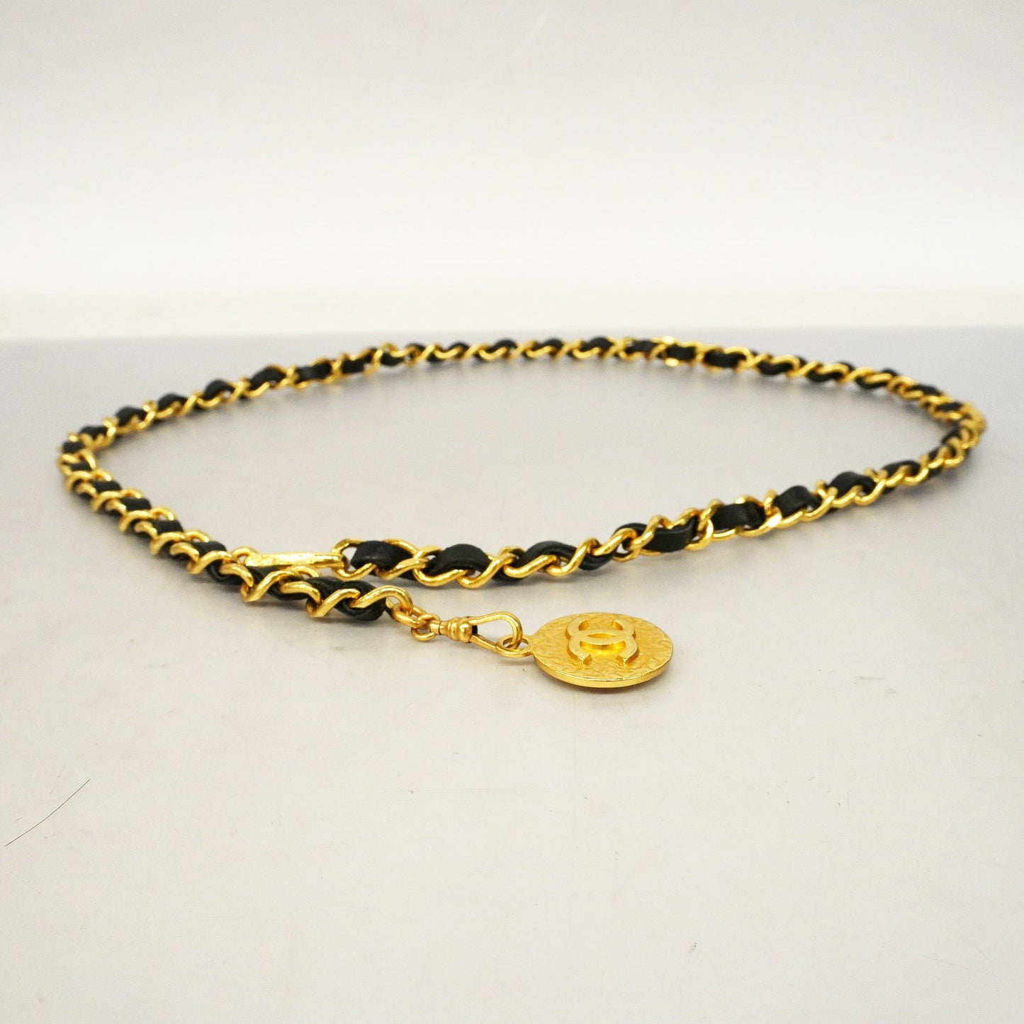 CHANEL  Belt Gold Metal Women's Leather Chain Belt Black
