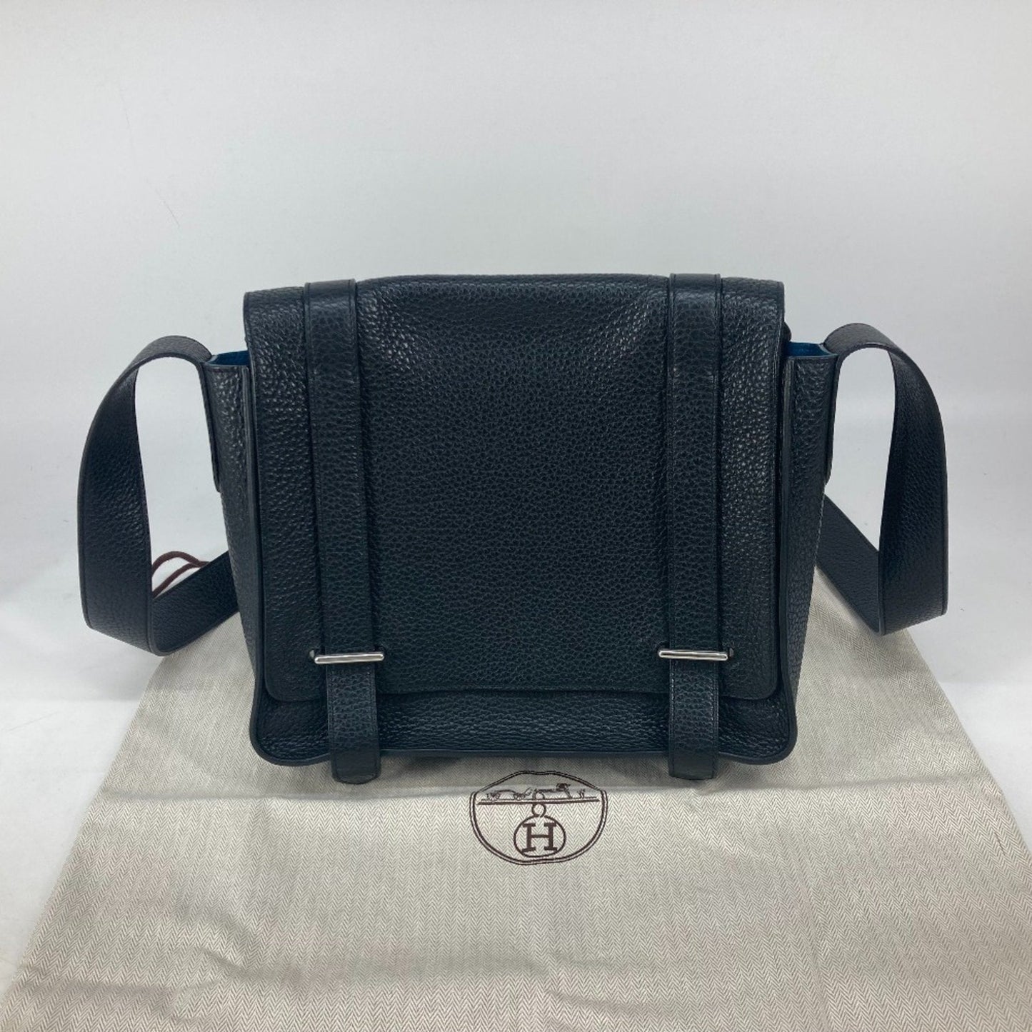 Hermes Black Blue Taurillon Clemence Leather Messenger Bag Shoulder Bag ( )