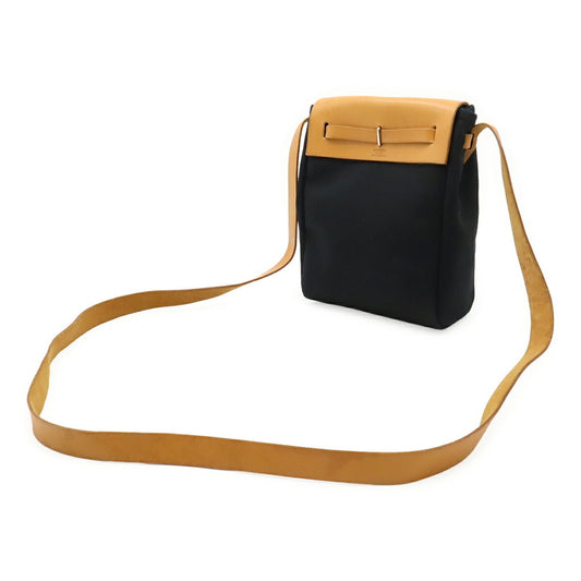 Hermes Black Natural Toile Officier Leather Pochette Shoulder Bag ( )