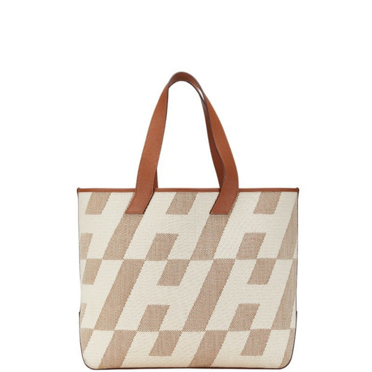 Hermes Beige Brown Toile H Leather Tote Bag ( )