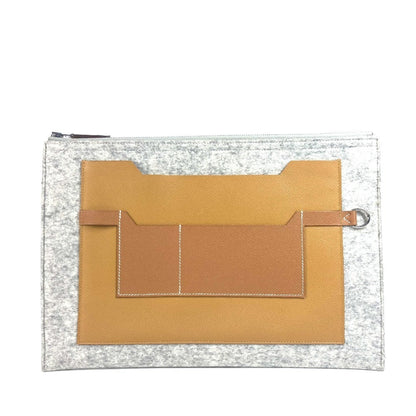 Hermes Brown Gray Felt Leather Clutch Bag ( )