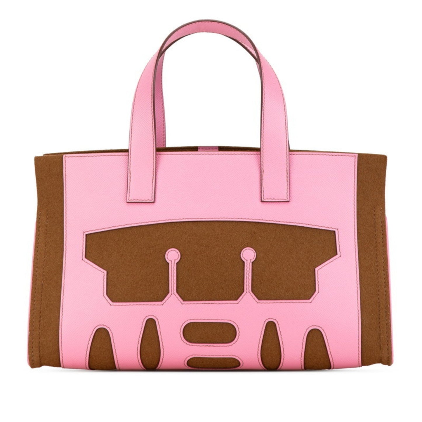 Hermes Brown Pink Felt Epsom Leather Handbag Tote Bag ( )