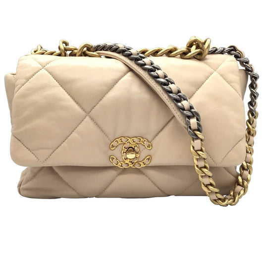 Chanel 19 Nineteen Large Bag 2WAY Chain Shoulder Lambskin Beige